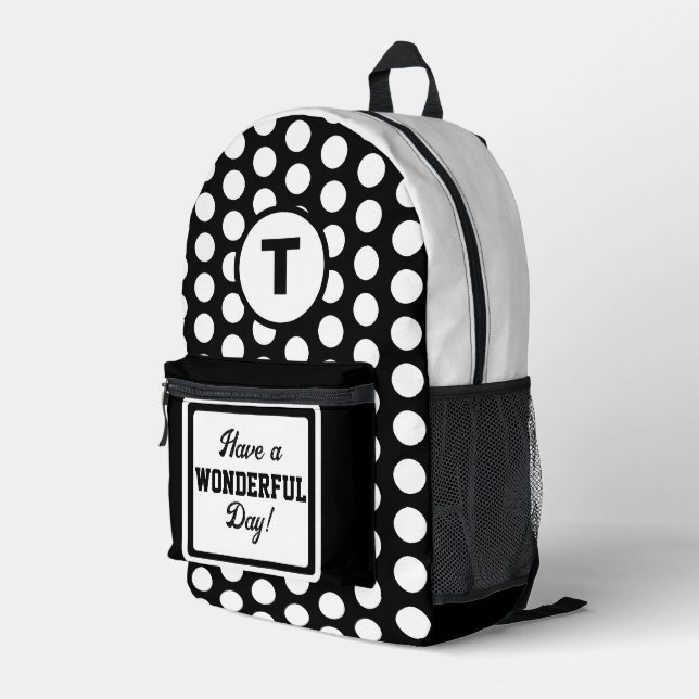Black White Polka Dots  Monogram Circle Printed Backpack (Back Corner Right)