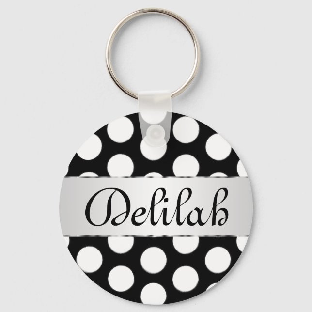 Black & White Polka dots name monogram Key Ring (Front)