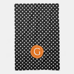 Black & White Polka Dots Orange Accent Tea Towel