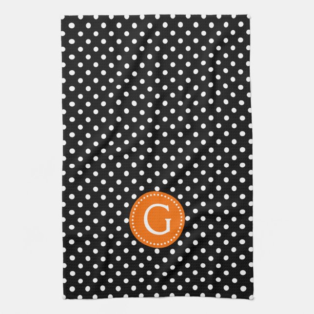 Black & White Polka Dots Orange Accent Tea Towel (Vertical)
