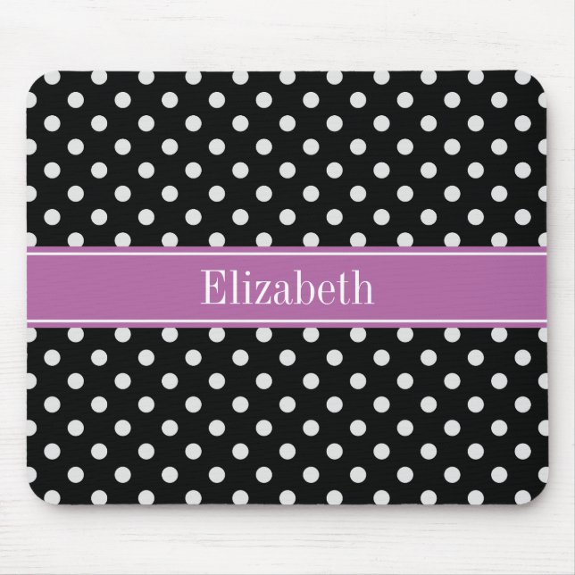 Black White Polka Dots Orchid Purple Name Monogram Mouse Pad (Front)
