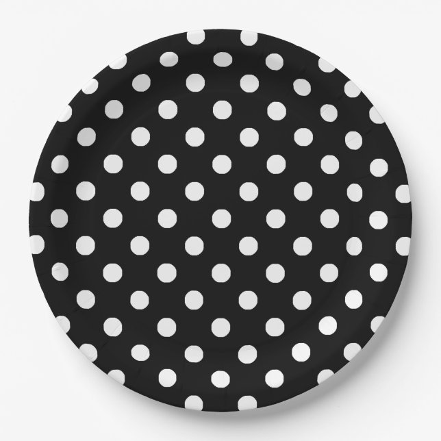 Black White Polka Dots Pattern Paper Plate (Front)
