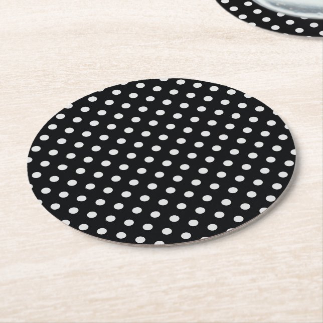 Black White Polka Dots Pattern Round Paper Coaster (Angled)