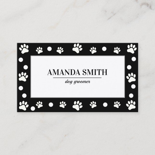 Black & White Polka Dots Paw Prints Business Card (Front)