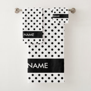 Black white polka dots personalised bath towel set