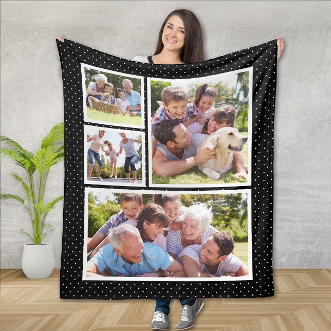 Black White Polka Dots Photo Collage Fleece Blanket (Creator Uploaded)