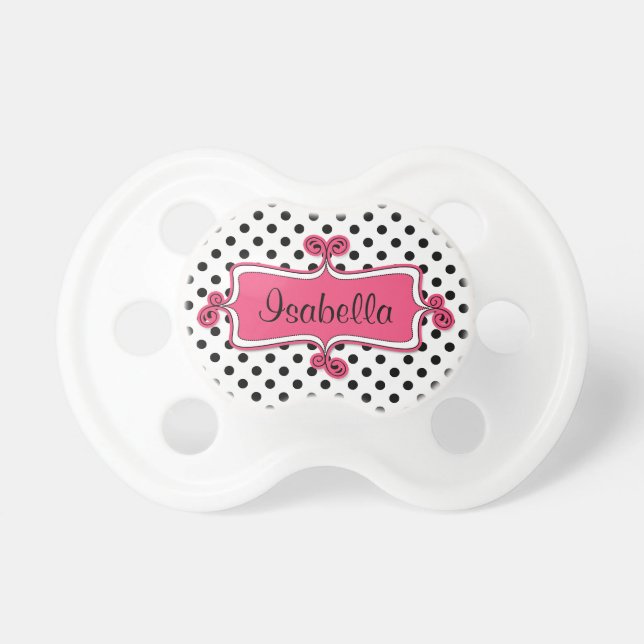 Black White Polka Dots Pink Baby Girl Pacifier (Front)