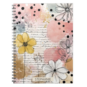 Black White Polka Dots - Pink Floral Sketches Notebook