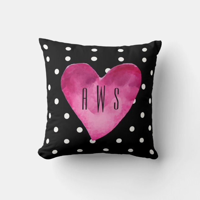 Black + White polka dots Watercolor Heart Monogram Cushion (Front)