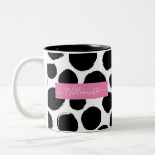 Black & White Polka Dots with Custom Name Two-Tone Coffee Mug