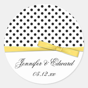 Black White Polka Dots Yellow Save The Date Classic Round Sticker