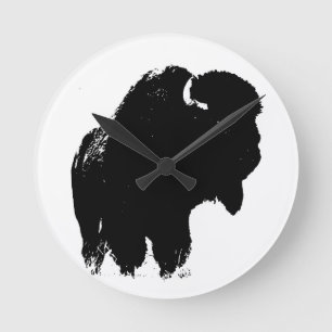 Black & White Pop Art Bison Buffalo Round Clock