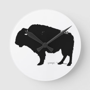 Black & White Pop Art Buffalo Bison Round Clock