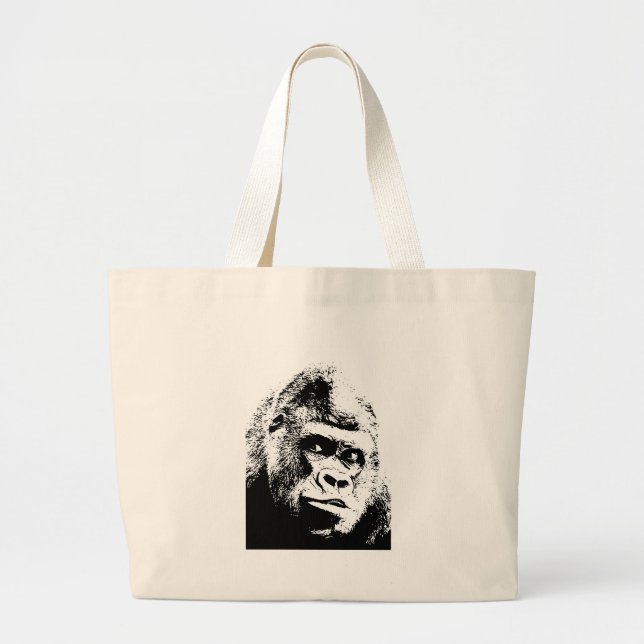 Black White Pop Art Gorilla Large Tote Bag (Front)