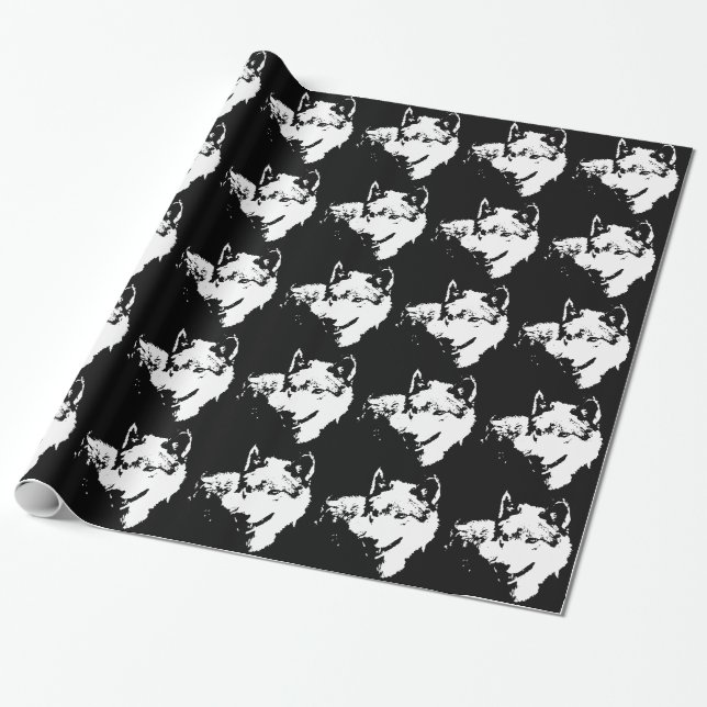 Black & White Pop Art Grey Wolf Wrapping Paper (Unrolled)