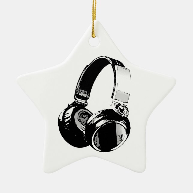 Black & White Pop Art Headphone Ceramic Tree Decoration (Front)