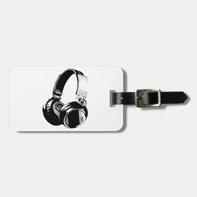 Black & White Pop Art Headphone Luggage Tag (Front Horizontal)