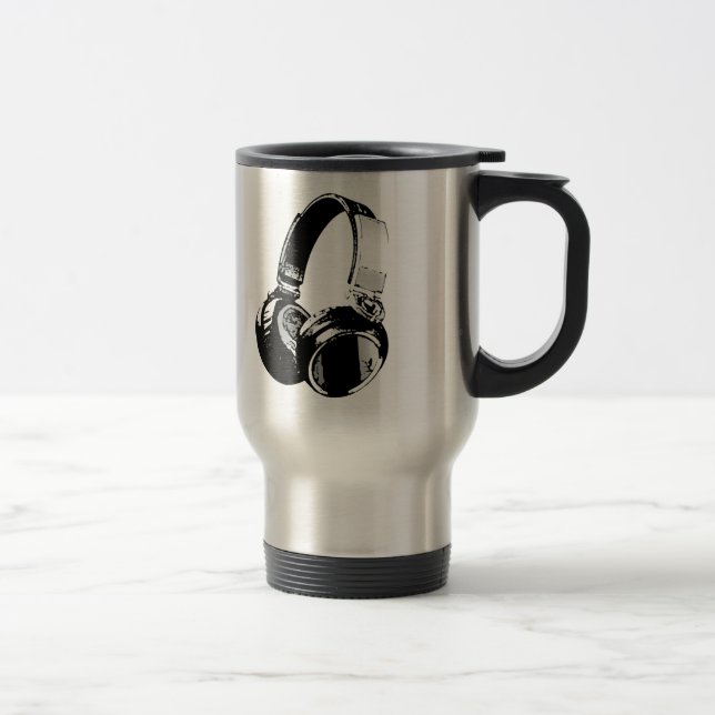 Black & White Pop Art Headphone Travel Mug (Right)