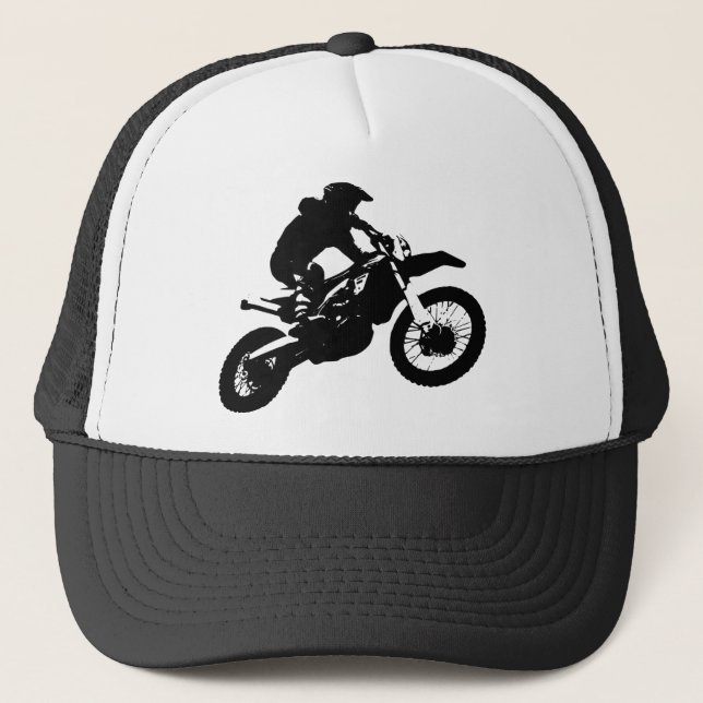 Black White Pop Art Motocross Motorcyle Sport Trucker Hat (Front)