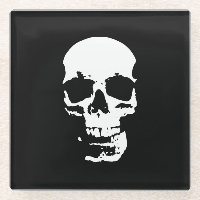 Black & White Pop Art Skull Stylish Cool Metal Glass Coaster (Front)