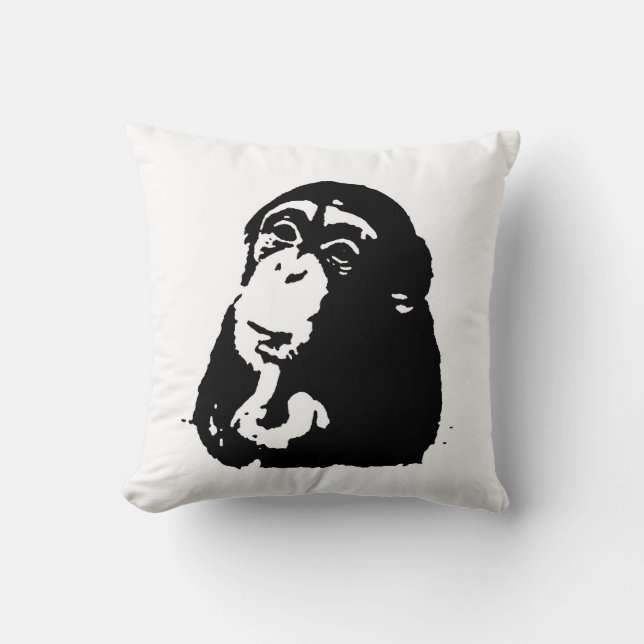 Black White Pop Art Thinking Chimpanzee Cushion (Front)