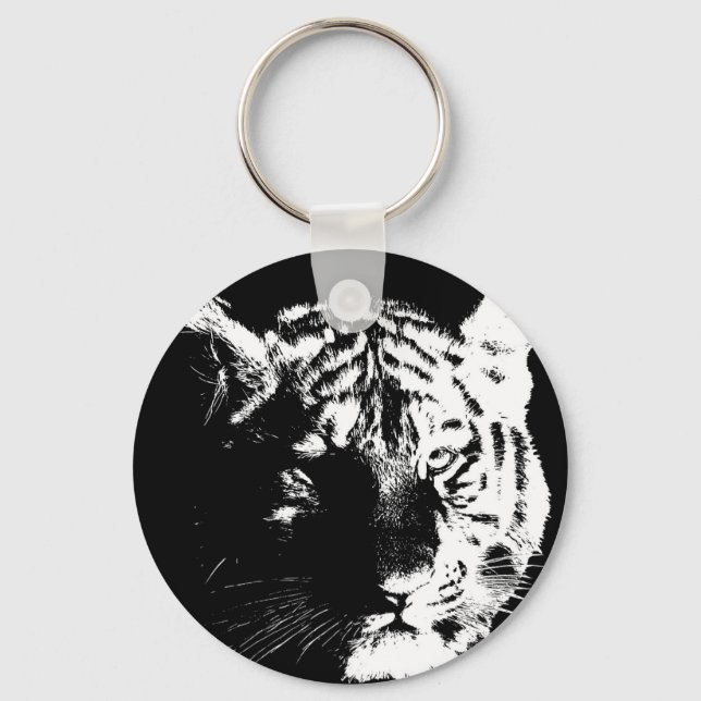 Black & White Pop Art Tiger Key Ring (Front)