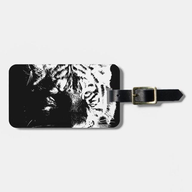 Black & White Pop Art Tiger Luggage Tag (Front Horizontal)