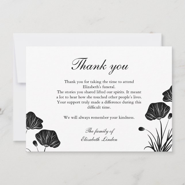 Black & White Poppies Funeral Thank You Card (Front)