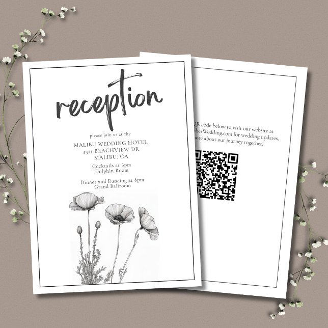 Black White Poppy Floral Elegant Wedding Reception Enclosure Card (Black and White Poppies Wedding Reception Enclosure Card with QR code for your Wedding Website.)