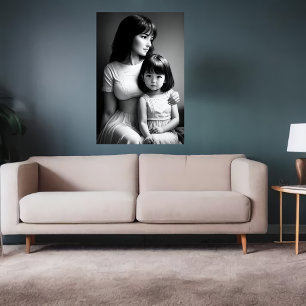 Black White portrait Mother and daughter   AI Art Poster