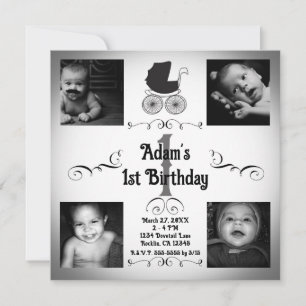 Black & White Pram Carriage Photo 1st Birthday Invitation