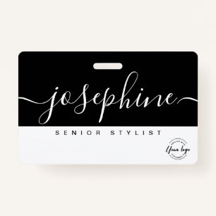 Black White Pretty Script Name Personalized  ID Badge