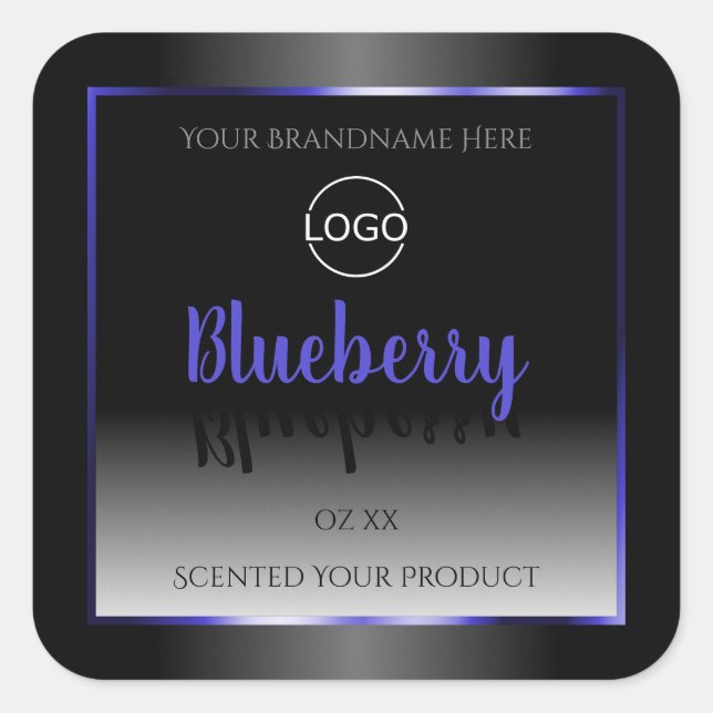 Black White Product Label Shimmery Blue Frame Logo (Front)