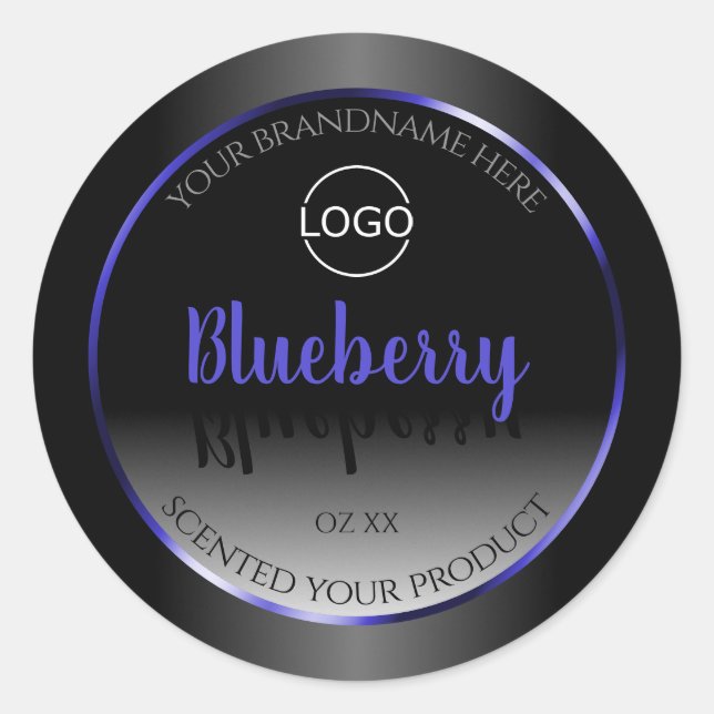 Black White Product Label Shimmery Blue Frame Logo (Front)