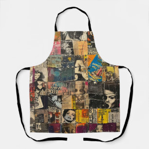 Black White Punk Rock Comic Collage Grid Apron
