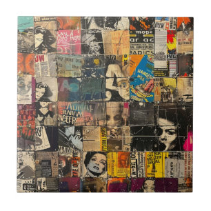 Black White Punk Rock Comic Collage Grid Ceramic Tile