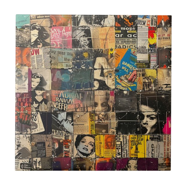 Black White Punk Rock Comic Collage Grid Ceramic Tile (Front)