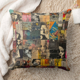 Black White Punk Rock Comic Collage Grid Cushion