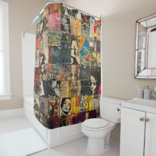 Black White Punk Rock Comic Collage Grid Shower Curtain