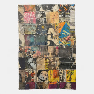 Black White Punk Rock Comic Collage Grid Tea Towel