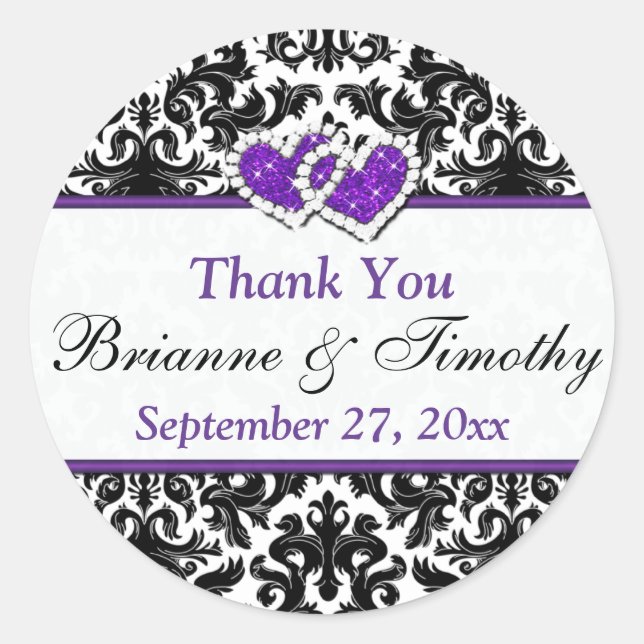 Black White Purple Damask 1.5" Wedding Sticker (Front)