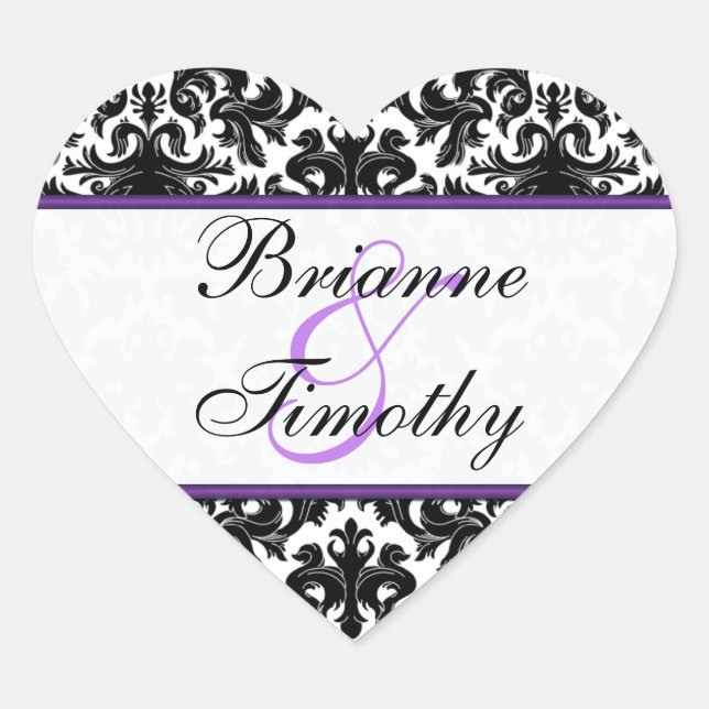 Black White Purple Damask 1.5" Wedding Sticker (Front)
