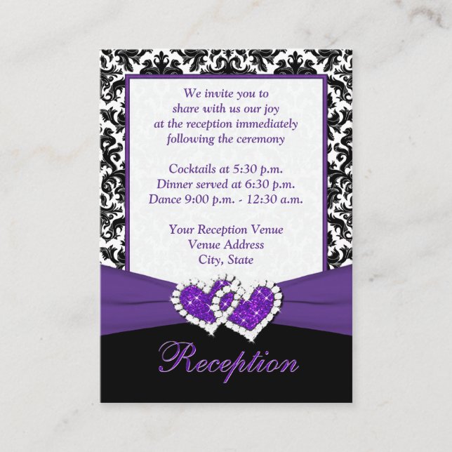 Black, White, Purple Damask Hearts Enclosure Card (Front)