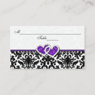 Black, White, Purple Damask Hearts Place Card