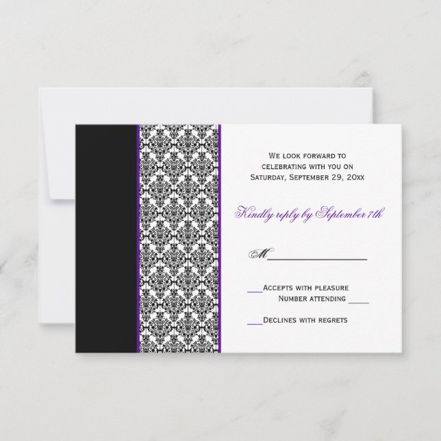 Black White Purple Damask RSVP Card (Front)