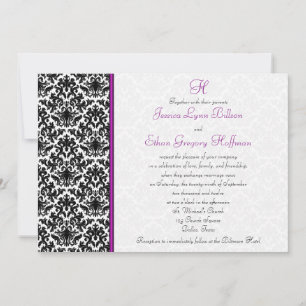Black, White, Purple Damask Wedding Invitation