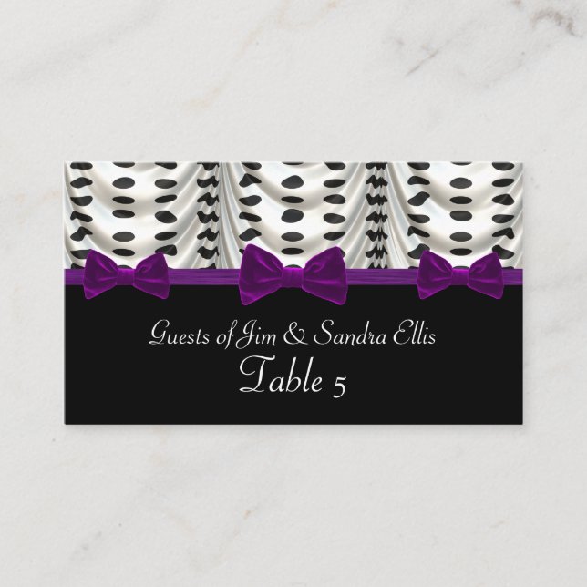 Black White Purple Draped Polka Dots Table Place Card (Front)