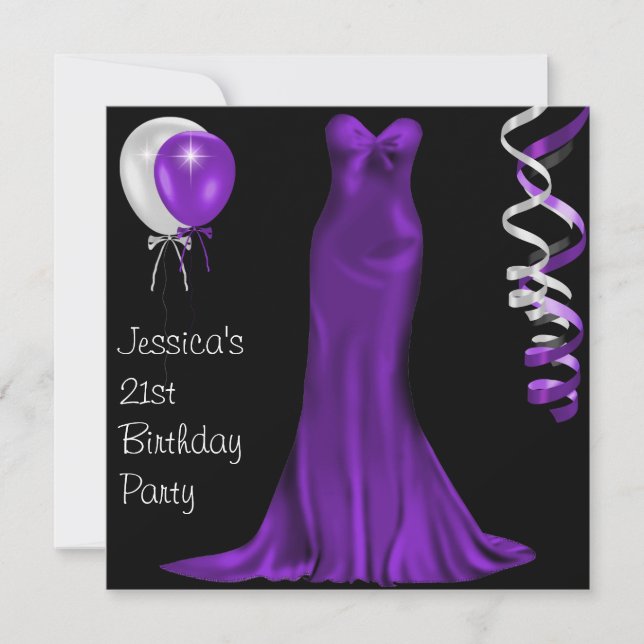 Black  White Purple Formal Dress 21st Birthday Invitation (Front)