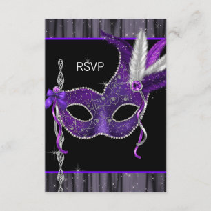 Black White Purple Masquerade Party RSVP Card