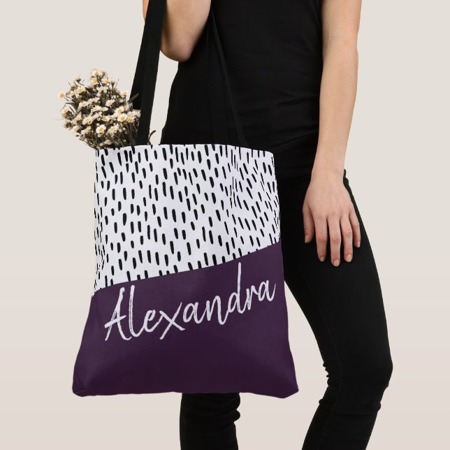 Black White Purple Modern Personalised Tote Bag (Close Up)